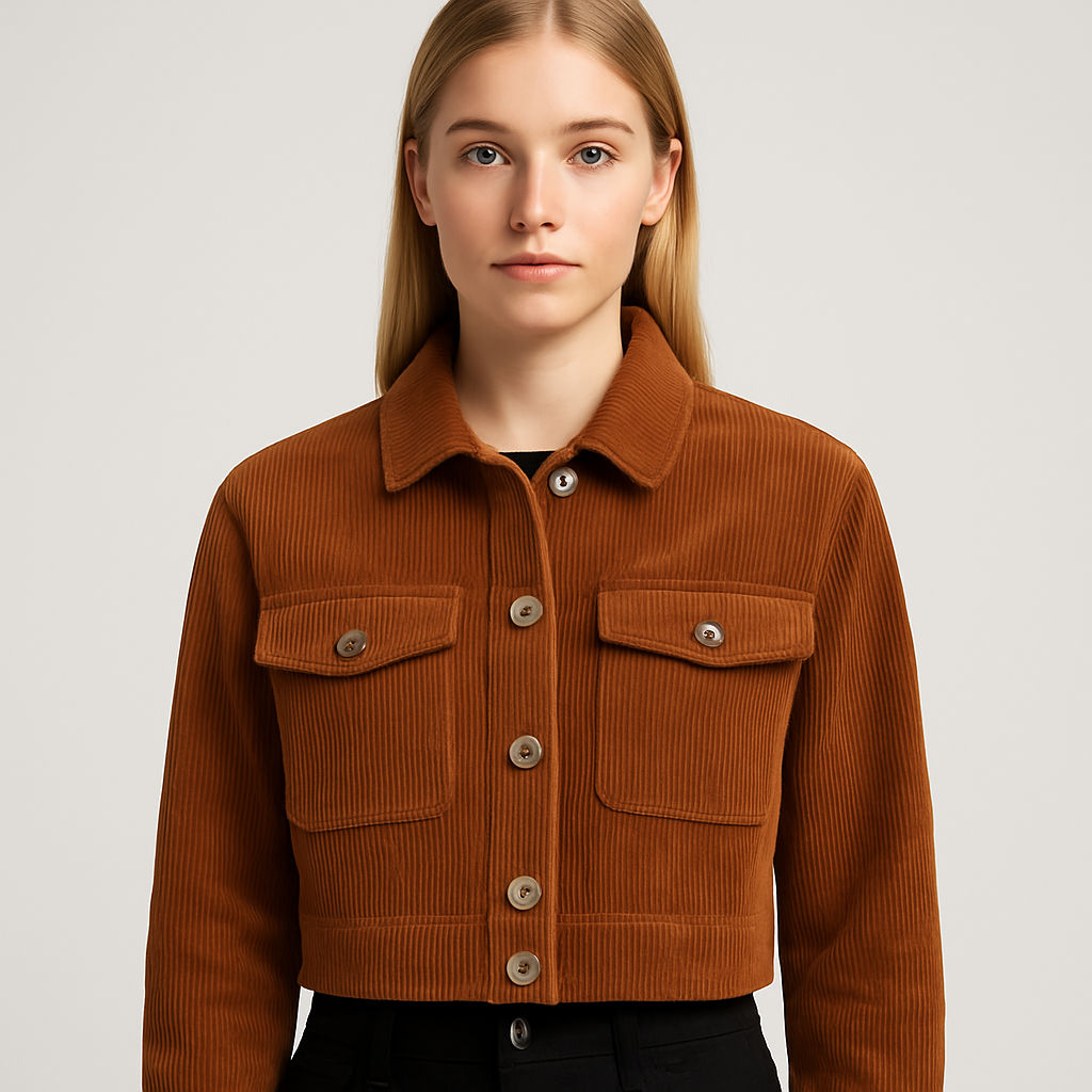 Brown cropped corduroy jacket with front buttons and oversized pockets, styled with denim jeans.