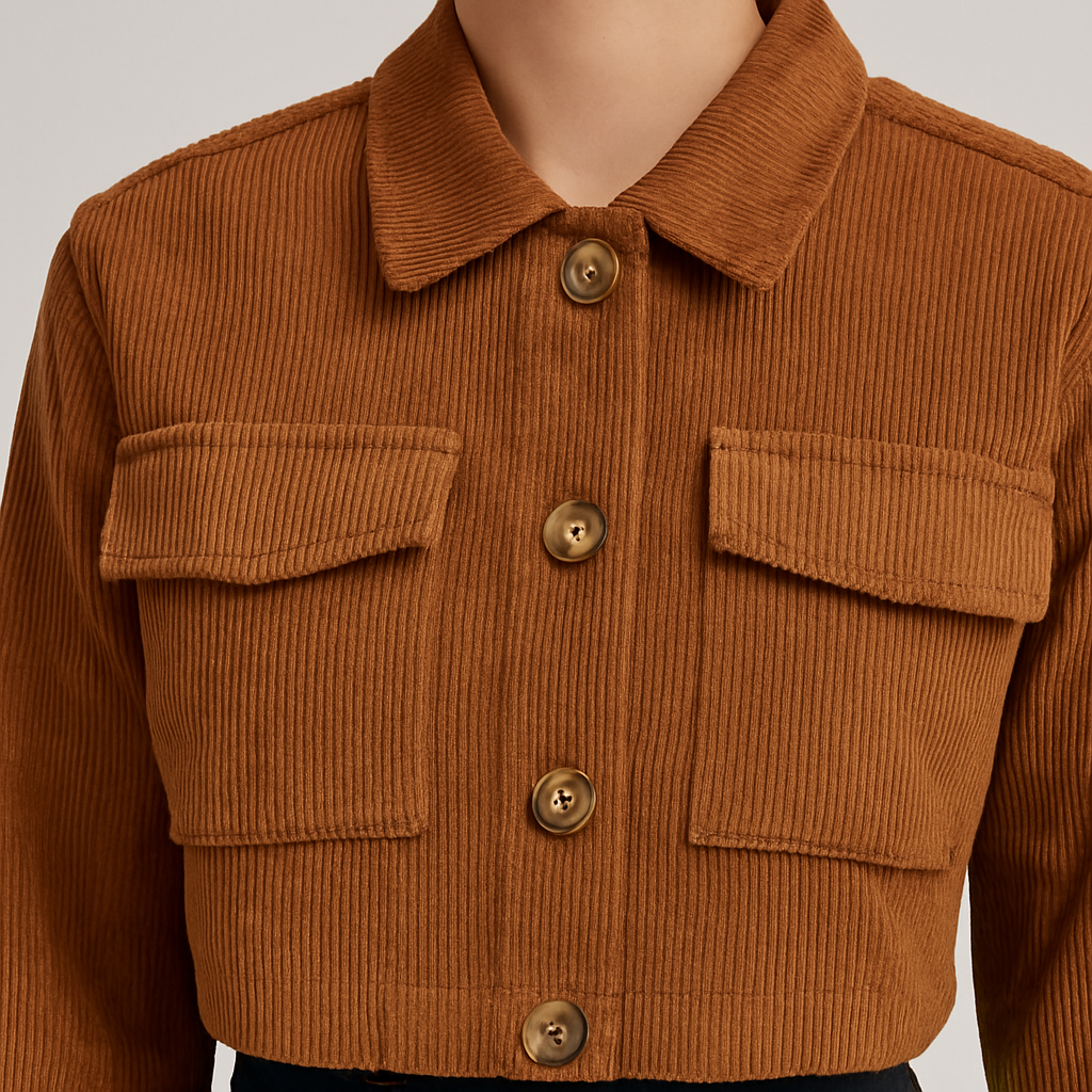 Brown cropped corduroy jacket with front buttons and oversized pockets, styled with denim jeans.