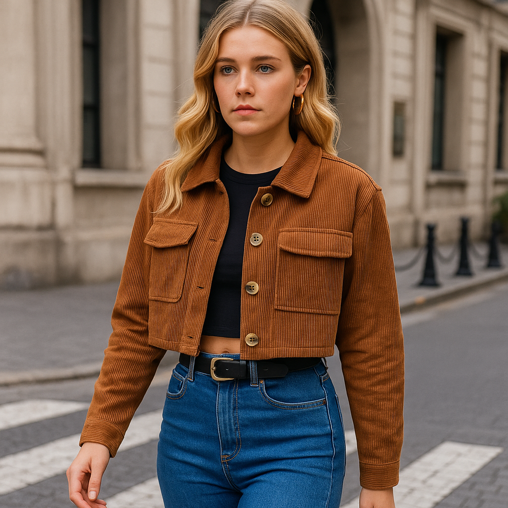 Brown cropped corduroy jacket with front buttons and oversized pockets, styled with denim jeans.