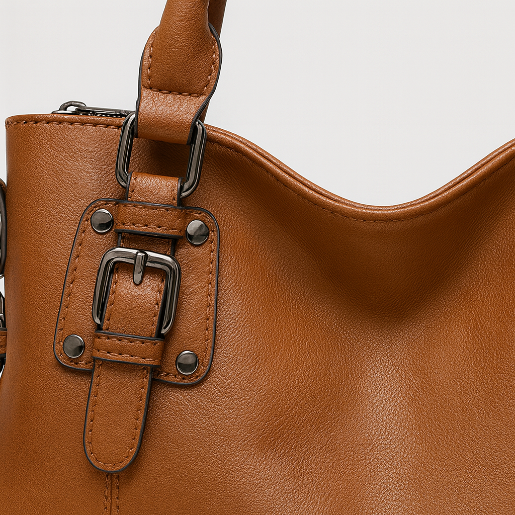 Convertible leather handbag with structured silhouette, detachable shoulder strap, top handles, and versatile design for work or evening wear