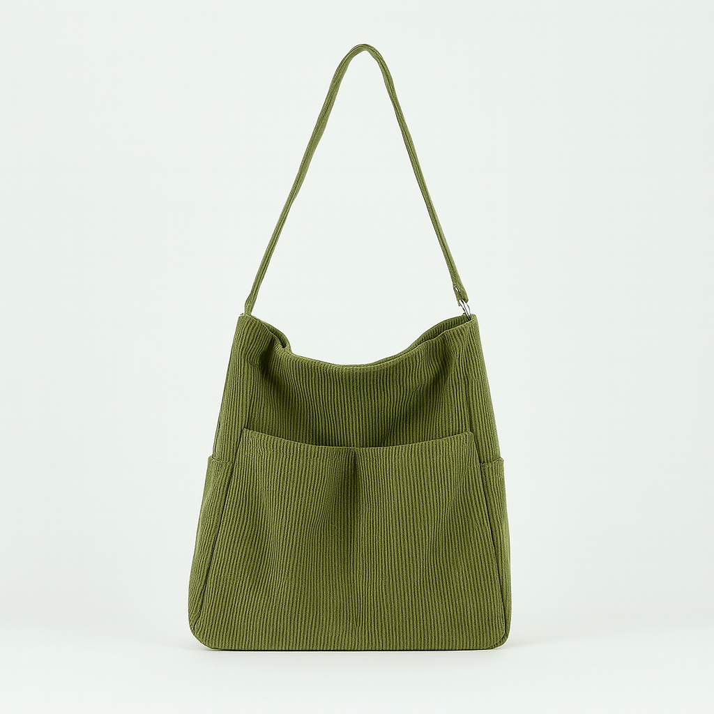 Corduroy shoulder bag with multiple pockets, spacious interior, and adjustable strap.