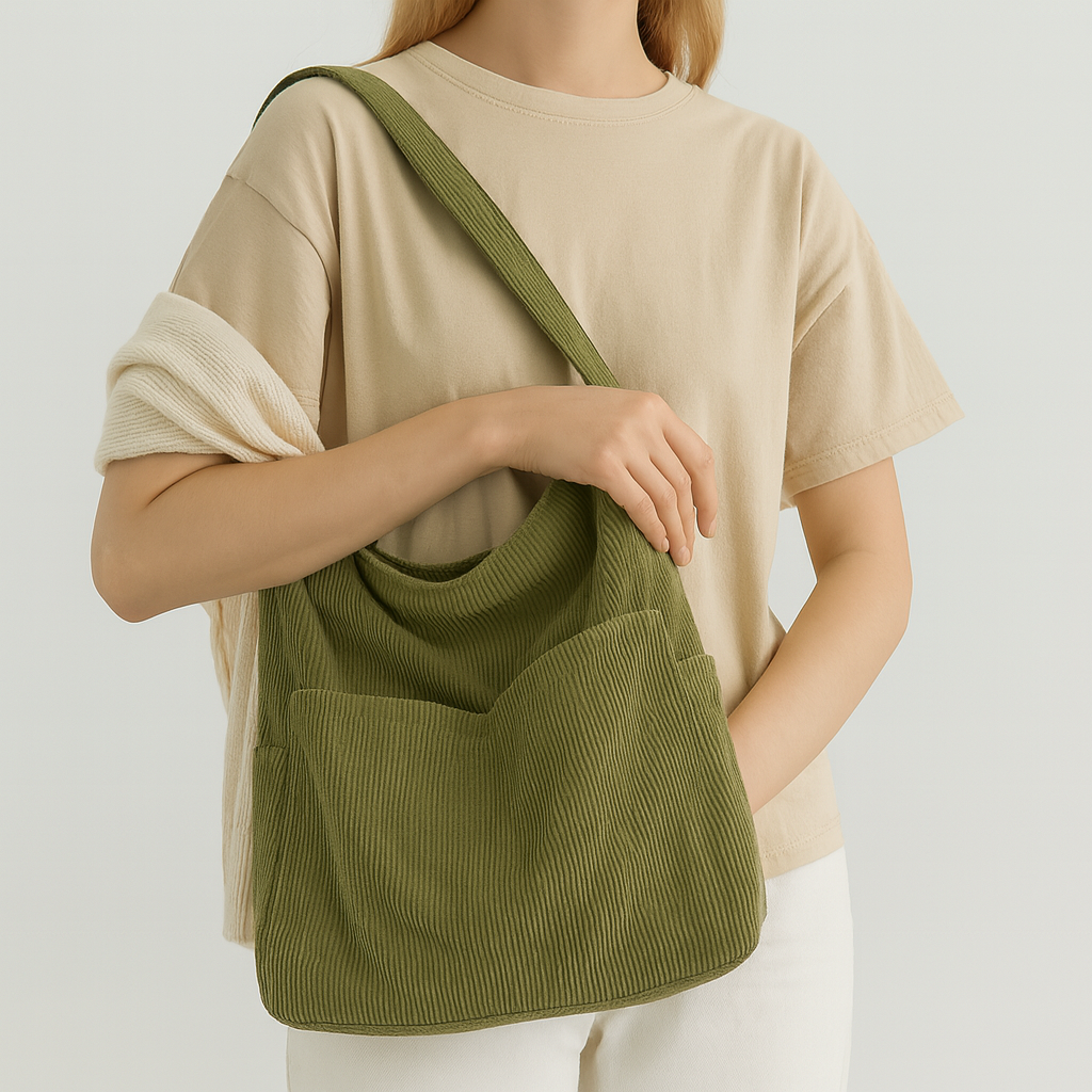 Corduroy shoulder bag with multiple pockets, spacious interior, and adjustable strap.