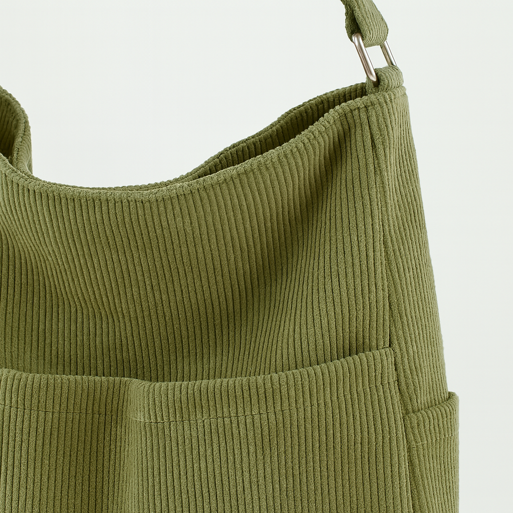 Corduroy shoulder bag with multiple pockets, spacious interior, and adjustable strap.