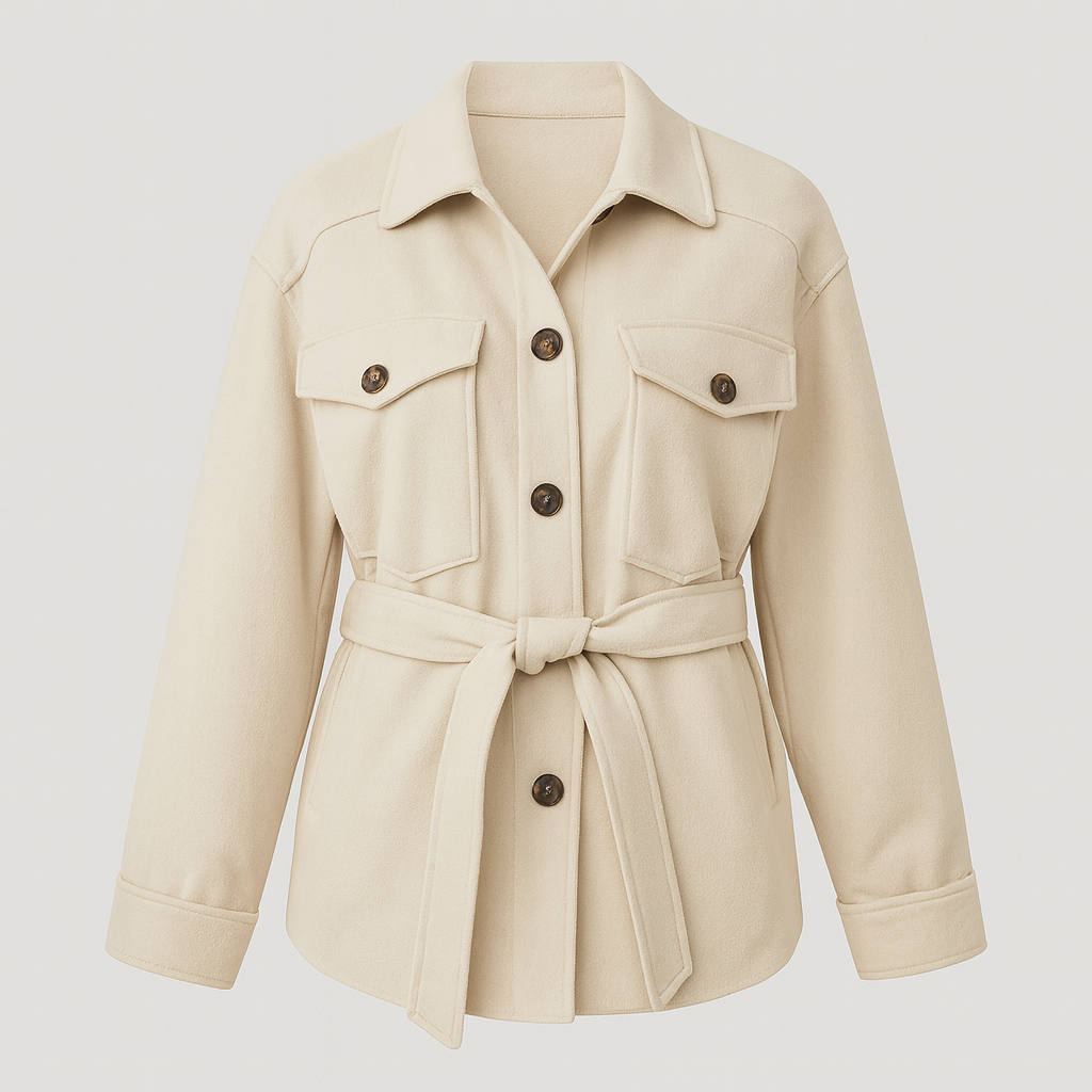 A belted overshirt with button-down front, flap chest pockets, and long sleeves.