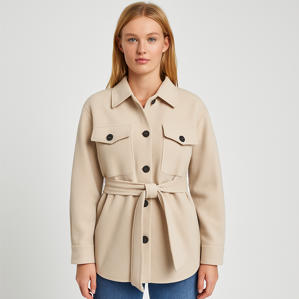 A belted overshirt with button-down front, flap chest pockets, and long sleeves.