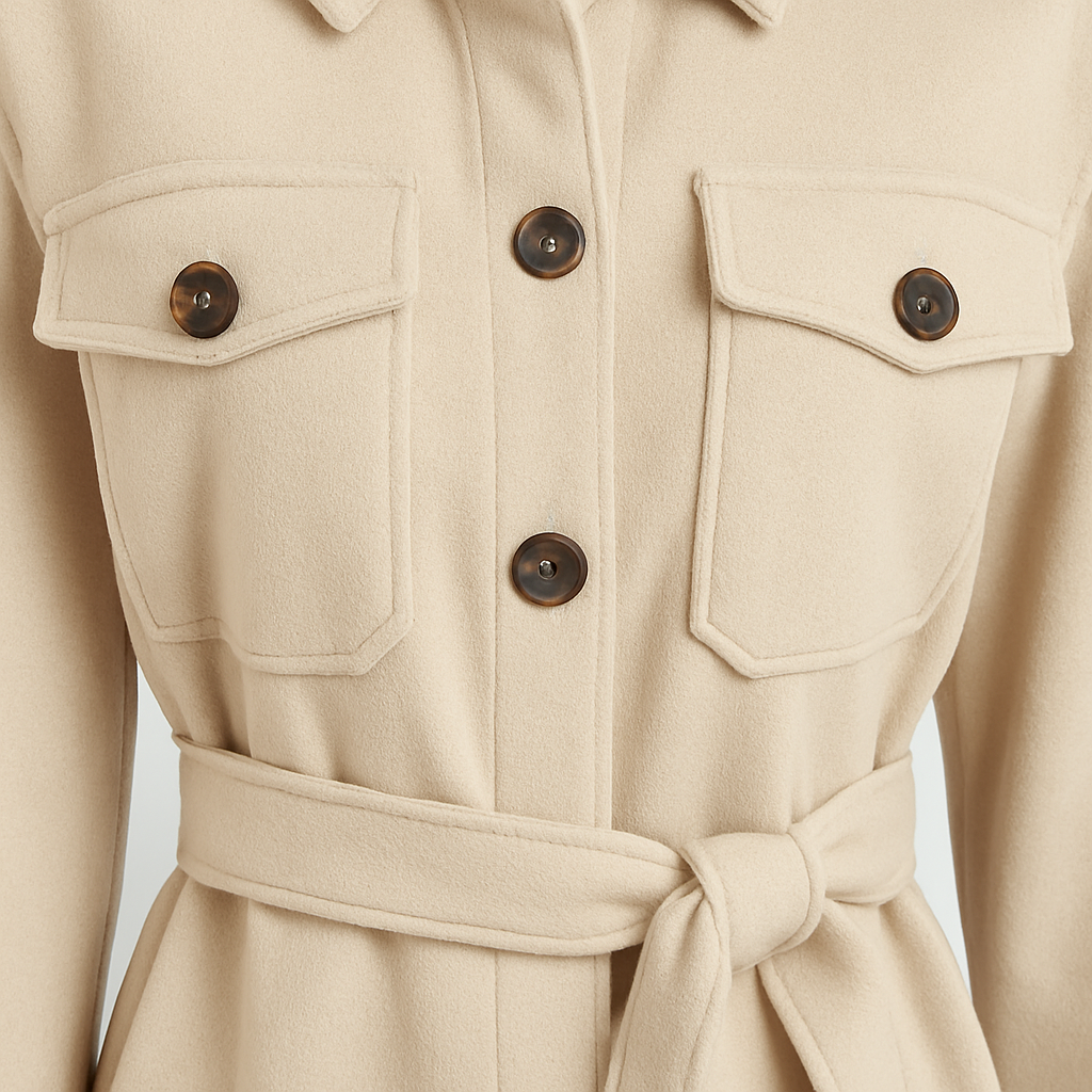 A belted overshirt with button-down front, flap chest pockets, and long sleeves.