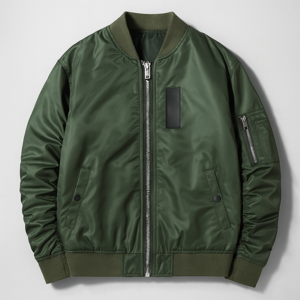 Army green bomber jacket with zip front, ribbed trims, and sleeve pocket, laid flat for catalog display.
