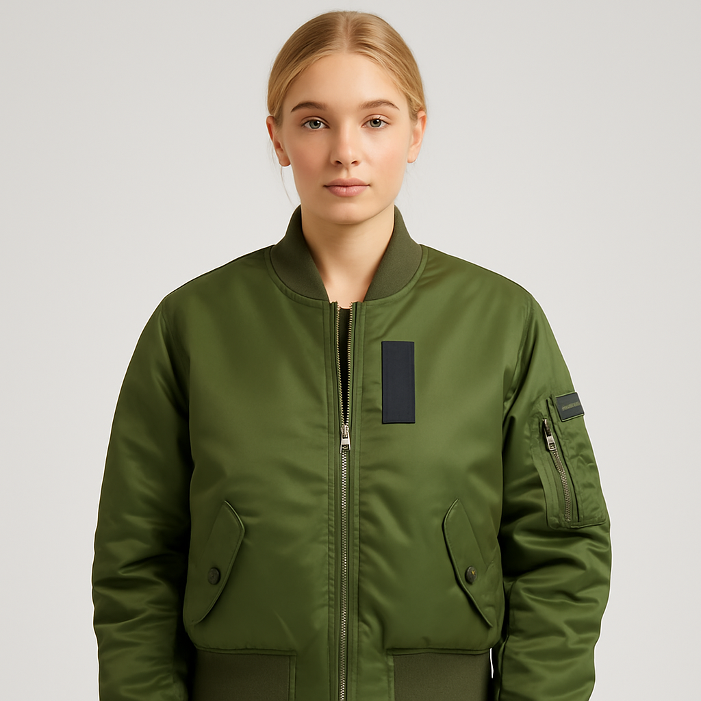 Army green bomber jacket with zip front, ribbed trims, and sleeve pocket, laid flat for catalog display.