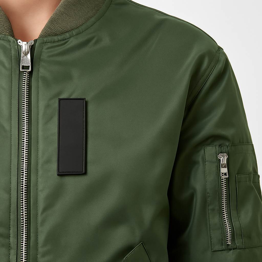 Army green bomber jacket with zip front, ribbed trims, and sleeve pocket, laid flat for catalog display.