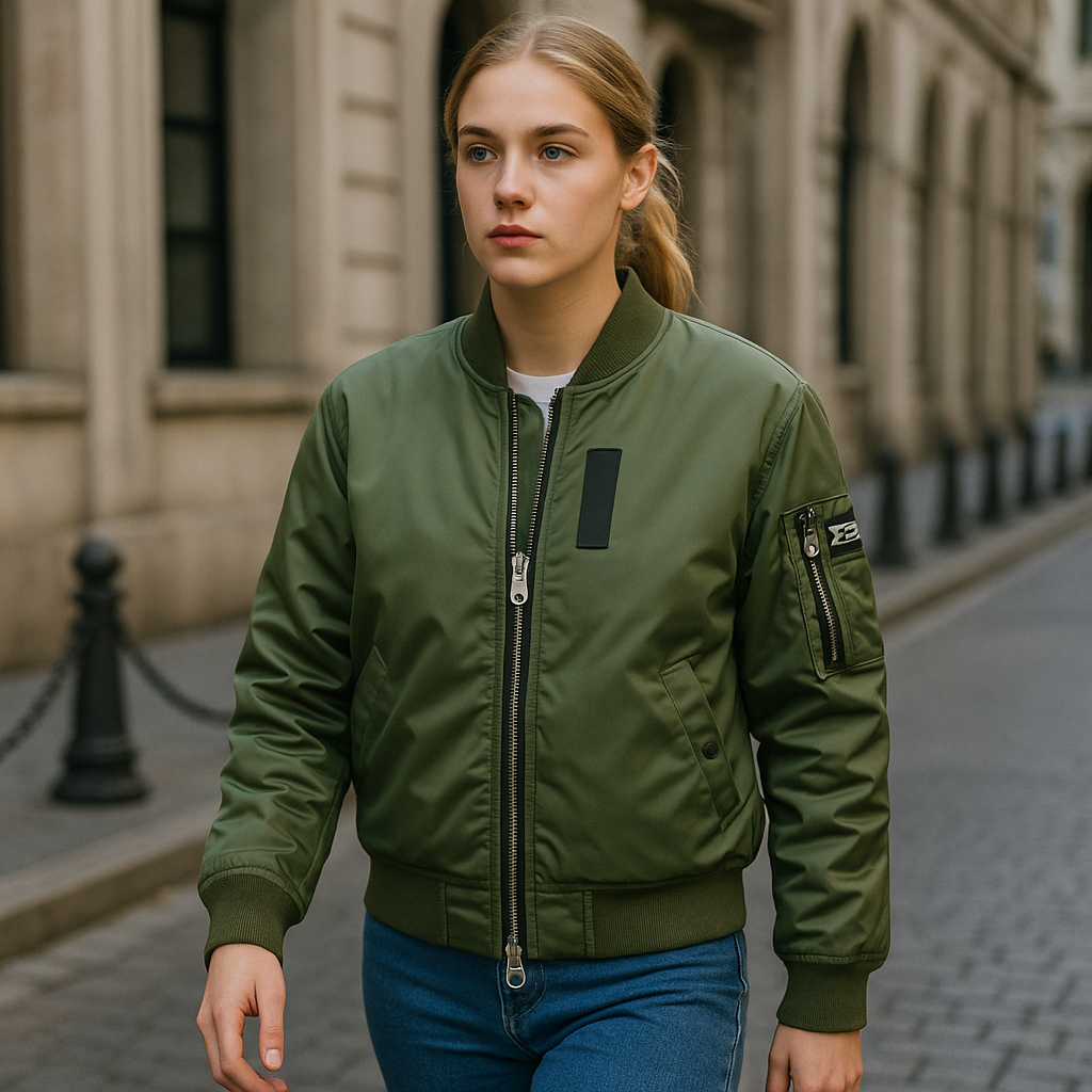 Army green bomber jacket with zip front, ribbed trims, and sleeve pocket, laid flat for catalog display.