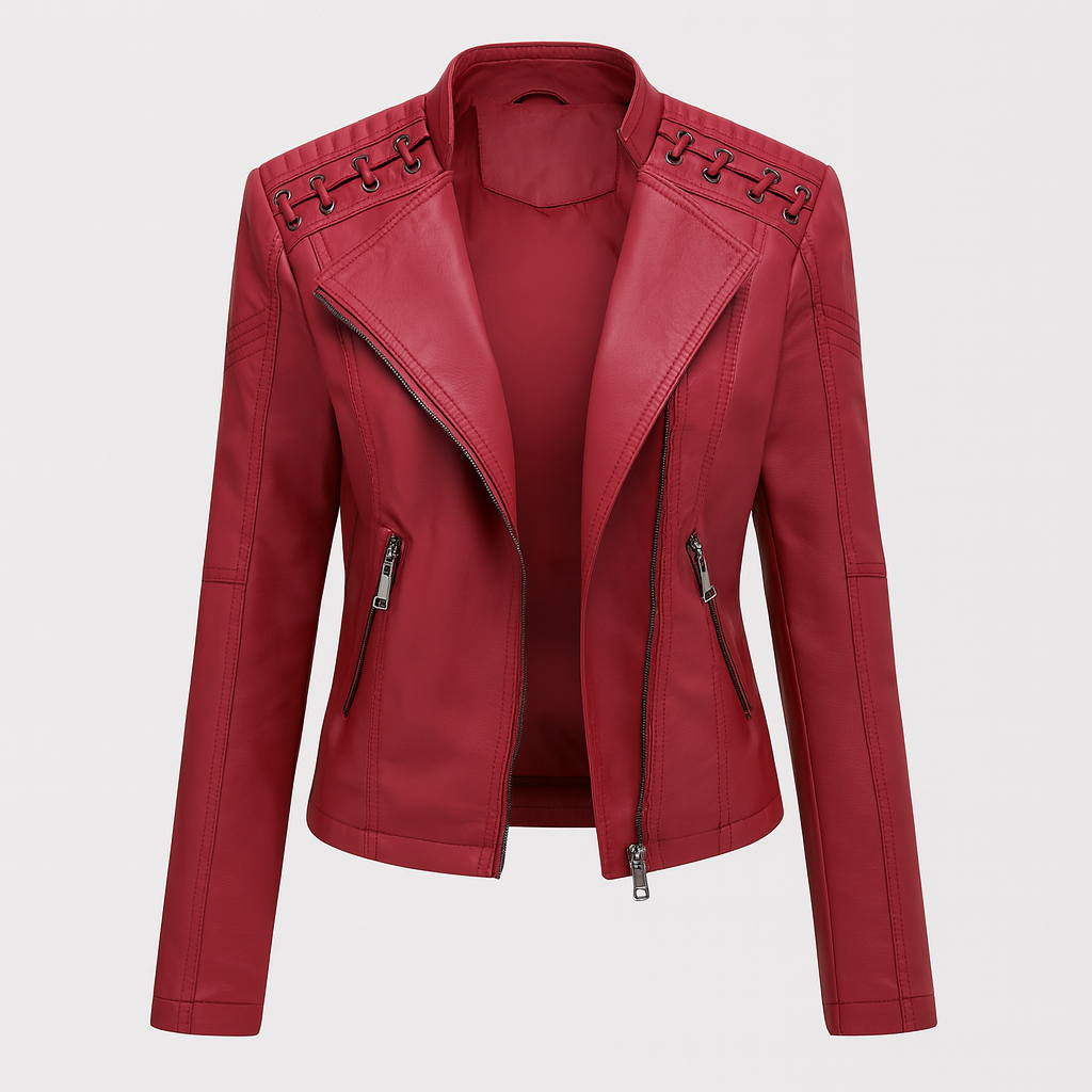 Red faux leather moto jacket with zipper front, quilted shoulder detail, and lace-up accents, displayed on hanger.