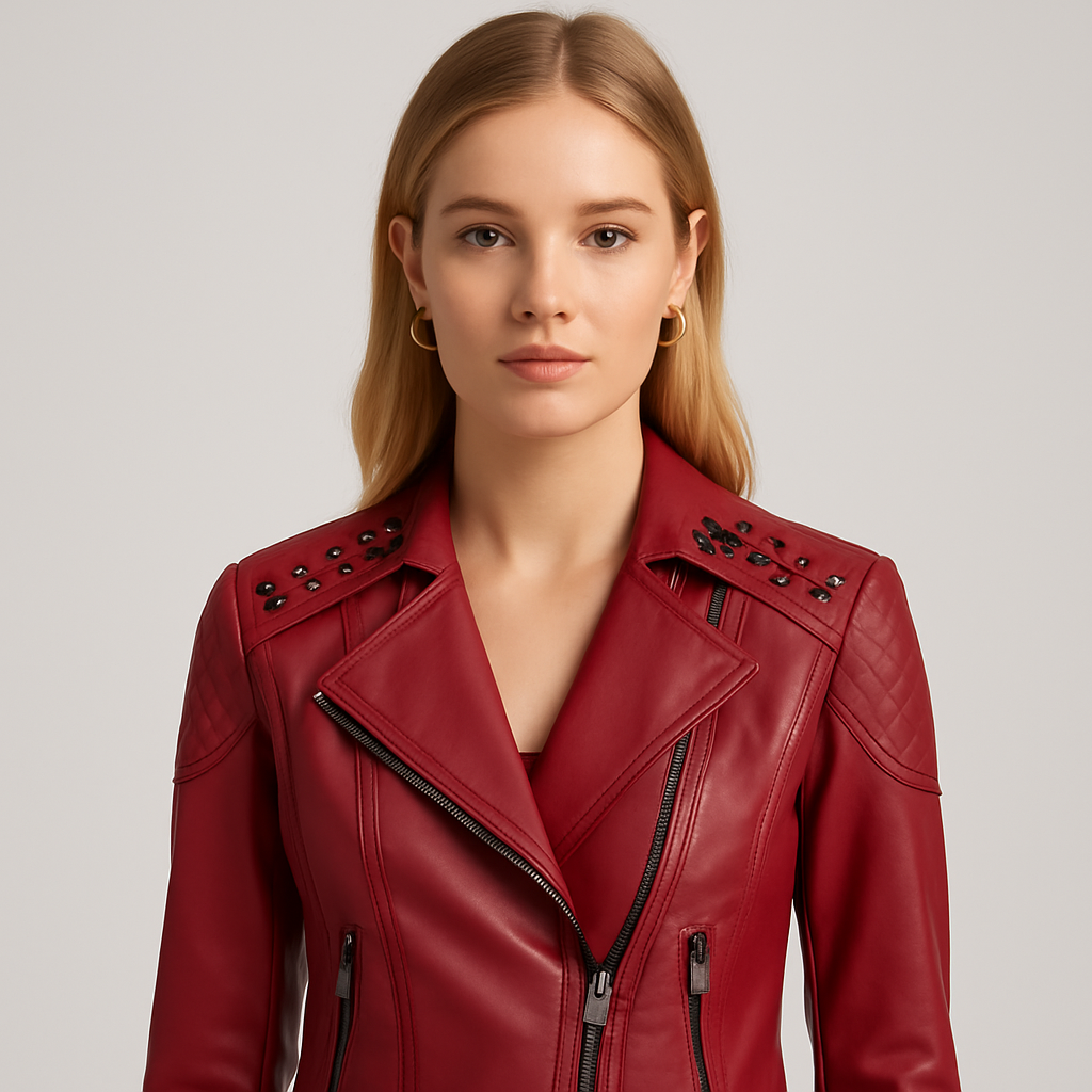 Red faux leather moto jacket with zipper front, quilted shoulder detail, and lace-up accents, displayed on hanger.
