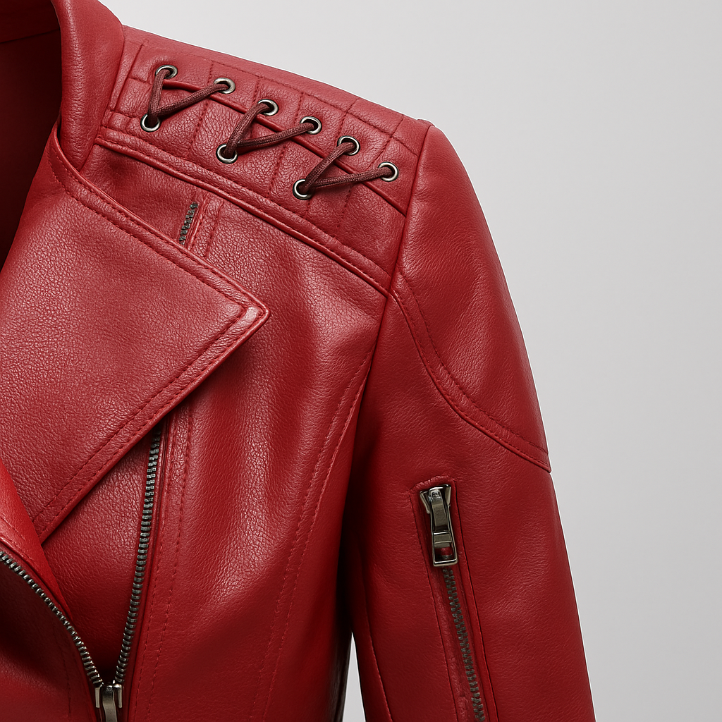 Red faux leather moto jacket with zipper front, quilted shoulder detail, and lace-up accents, displayed on hanger.