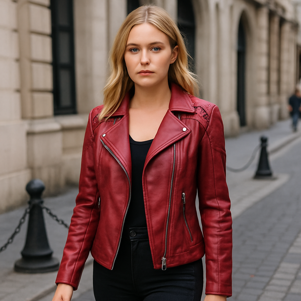 Red faux leather moto jacket with zipper front, quilted shoulder detail, and lace-up accents, displayed on hanger.