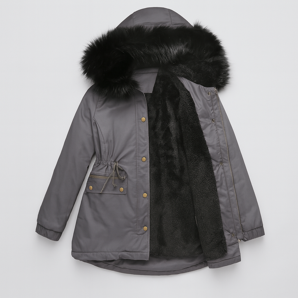Grey parka jacket with black faux fur lining and hood trim, open front showing plush inner lining.