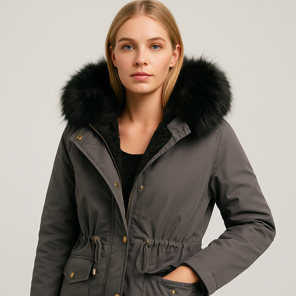 Grey parka jacket with black faux fur lining and hood trim, open front showing plush inner lining.