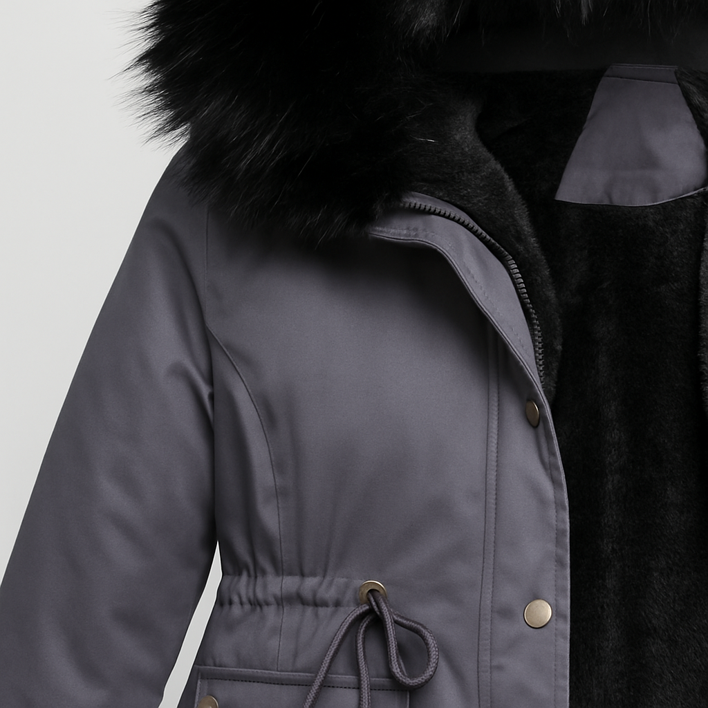 Grey parka jacket with black faux fur lining and hood trim, open front showing plush inner lining.