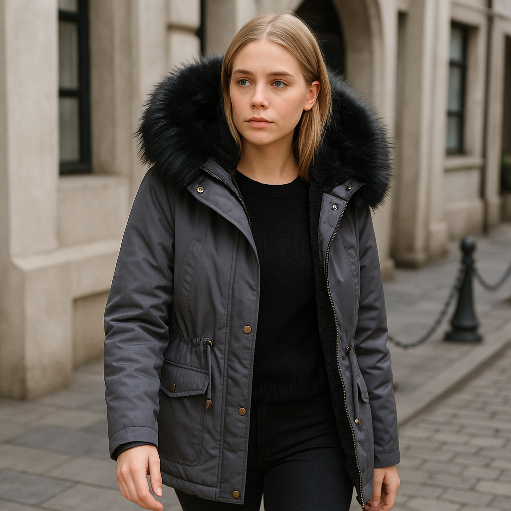 Grey parka jacket with black faux fur lining and hood trim, open front showing plush inner lining.