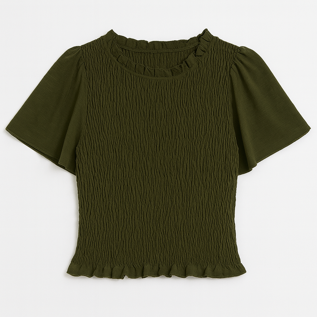 Olive green smocked crop top with flutter sleeves and ruffle trim.