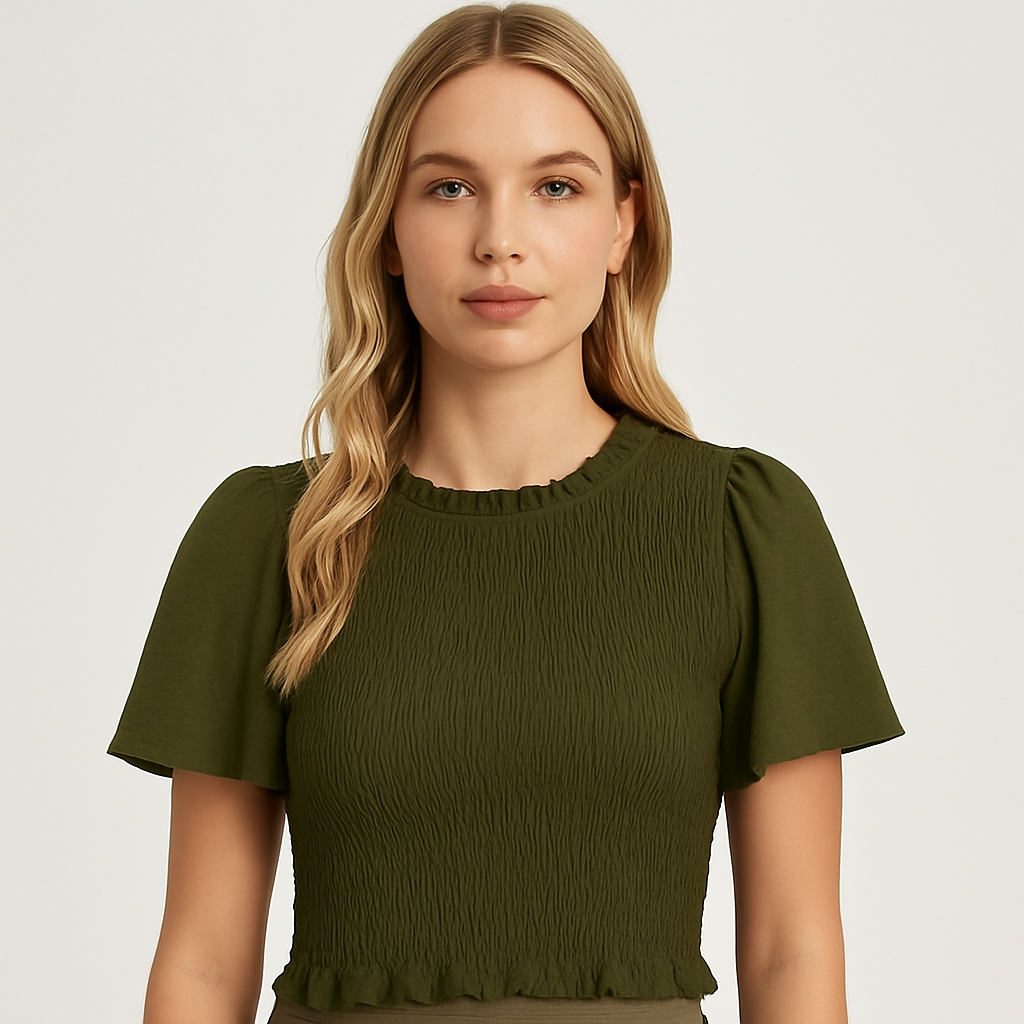 Olive green smocked crop top with flutter sleeves and ruffle trim.