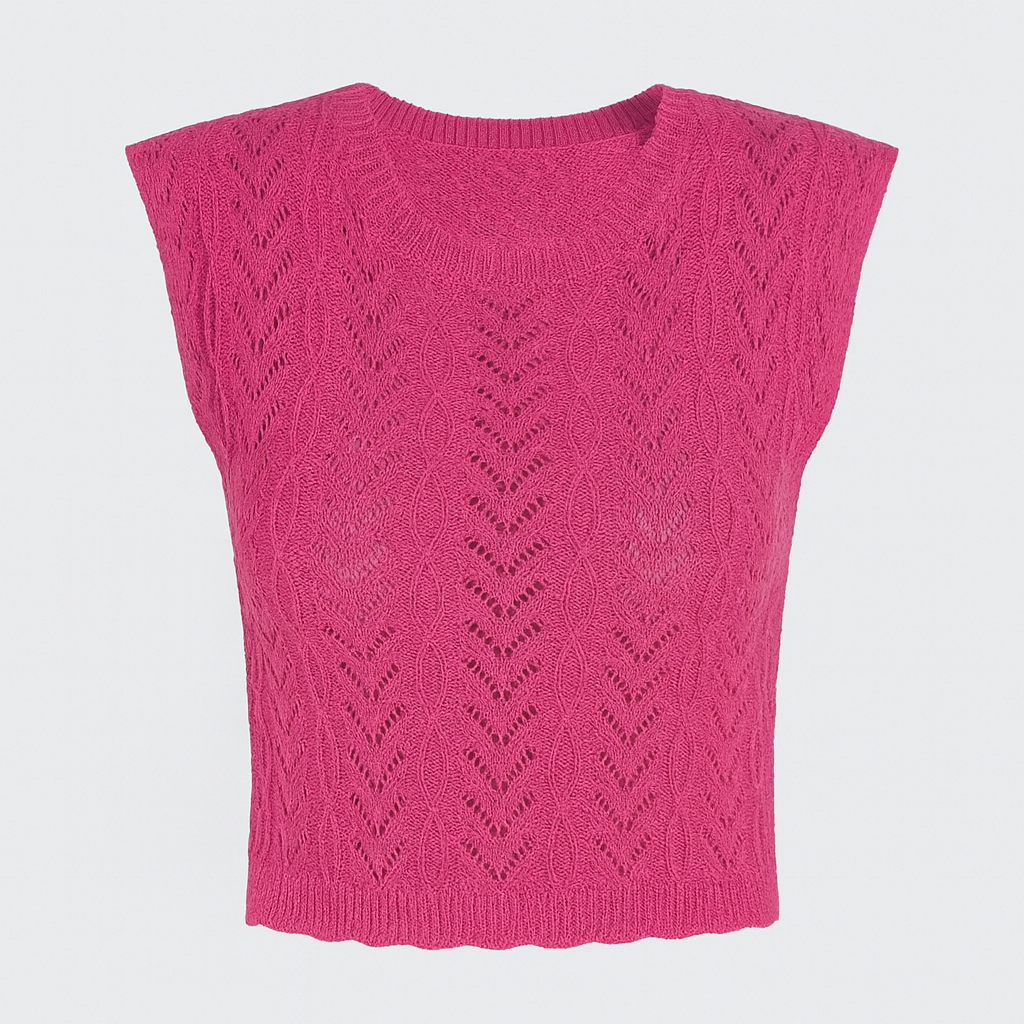 Fuchsia knit crop top with open-knit detailing and sleeveless design.