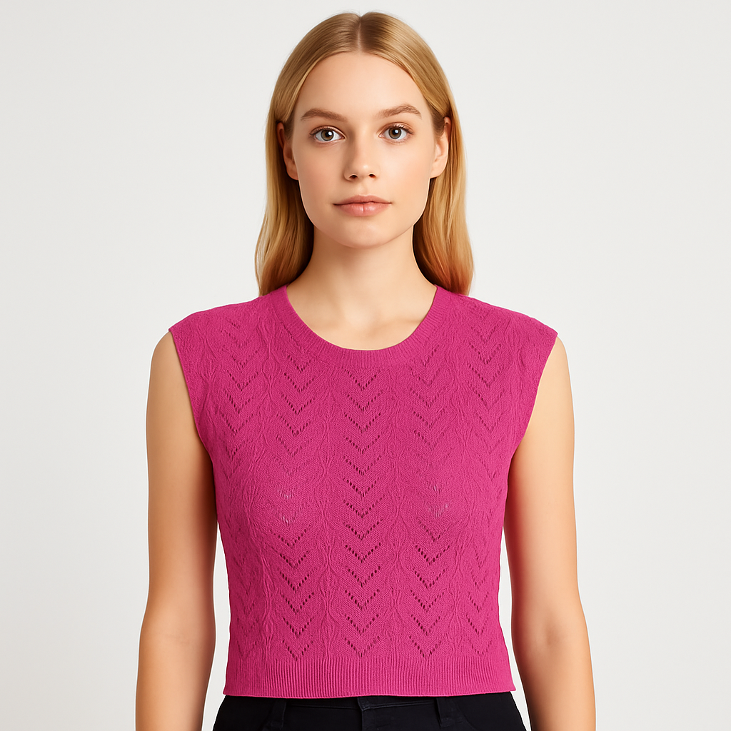 Fuchsia knit crop top with open-knit detailing and sleeveless design.