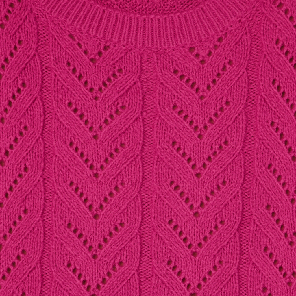 Fuchsia knit crop top with open-knit detailing and sleeveless design.