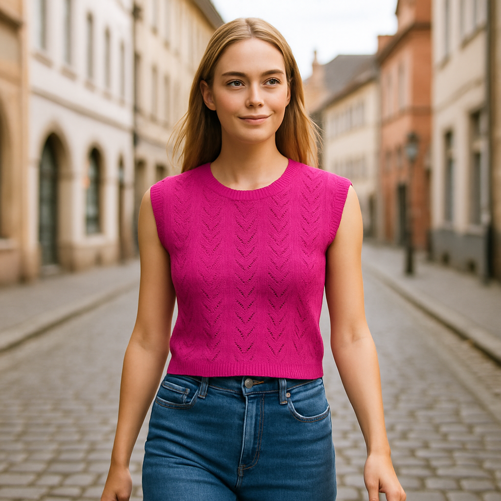 Fuchsia knit crop top with open-knit detailing and sleeveless design.