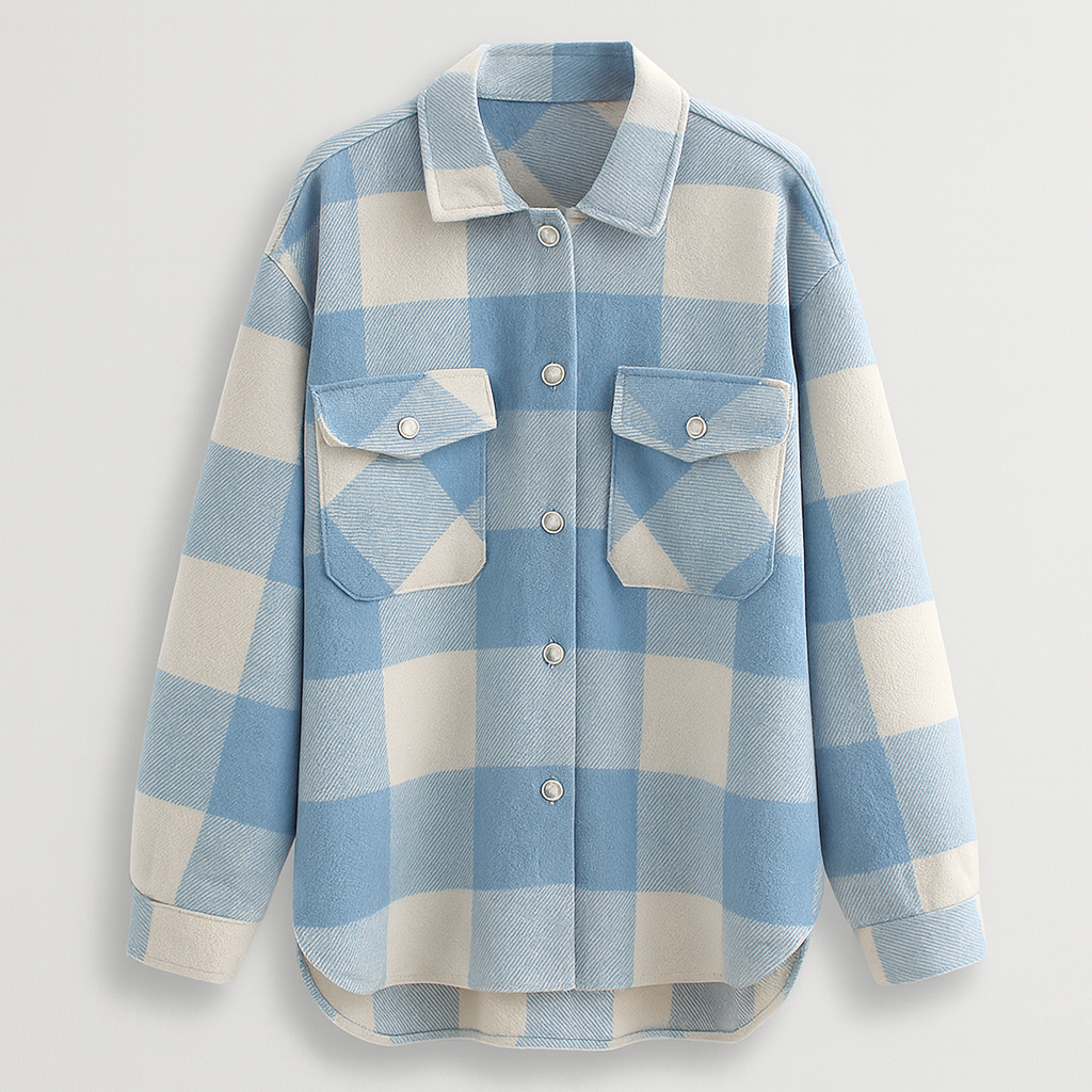 Blue and cream plaid oversized shirt jacket with button-down front and chest flap pockets.