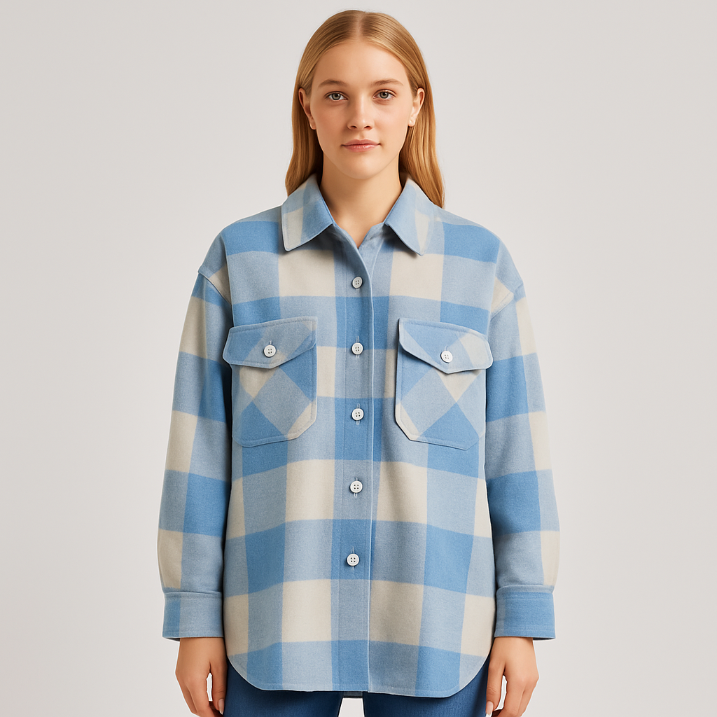 Blue and cream plaid oversized shirt jacket with button-down front and chest flap pockets.