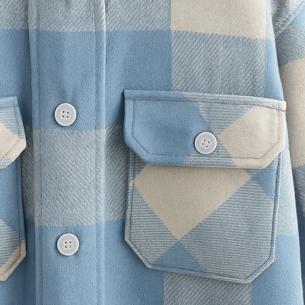 Blue and cream plaid oversized shirt jacket with button-down front and chest flap pockets.
