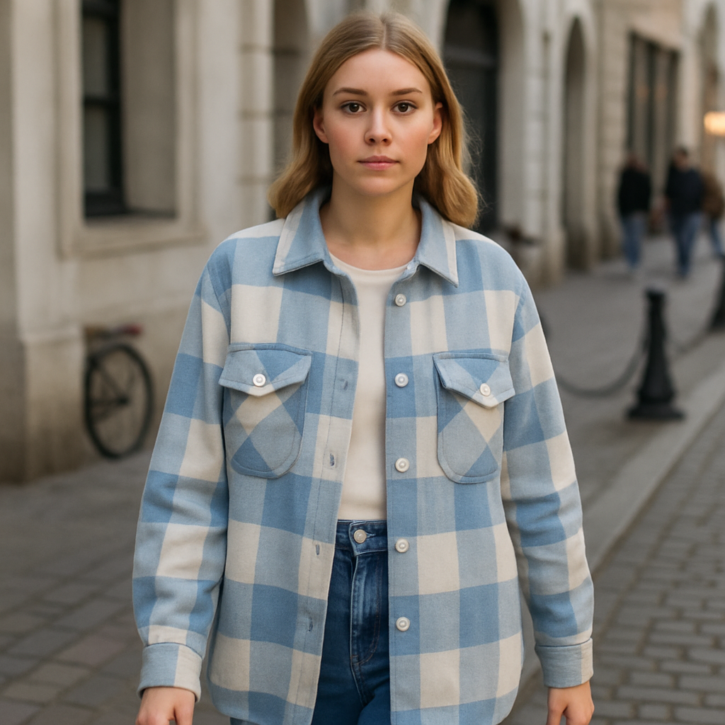 Blue and cream plaid oversized shirt jacket with button-down front and chest flap pockets.
