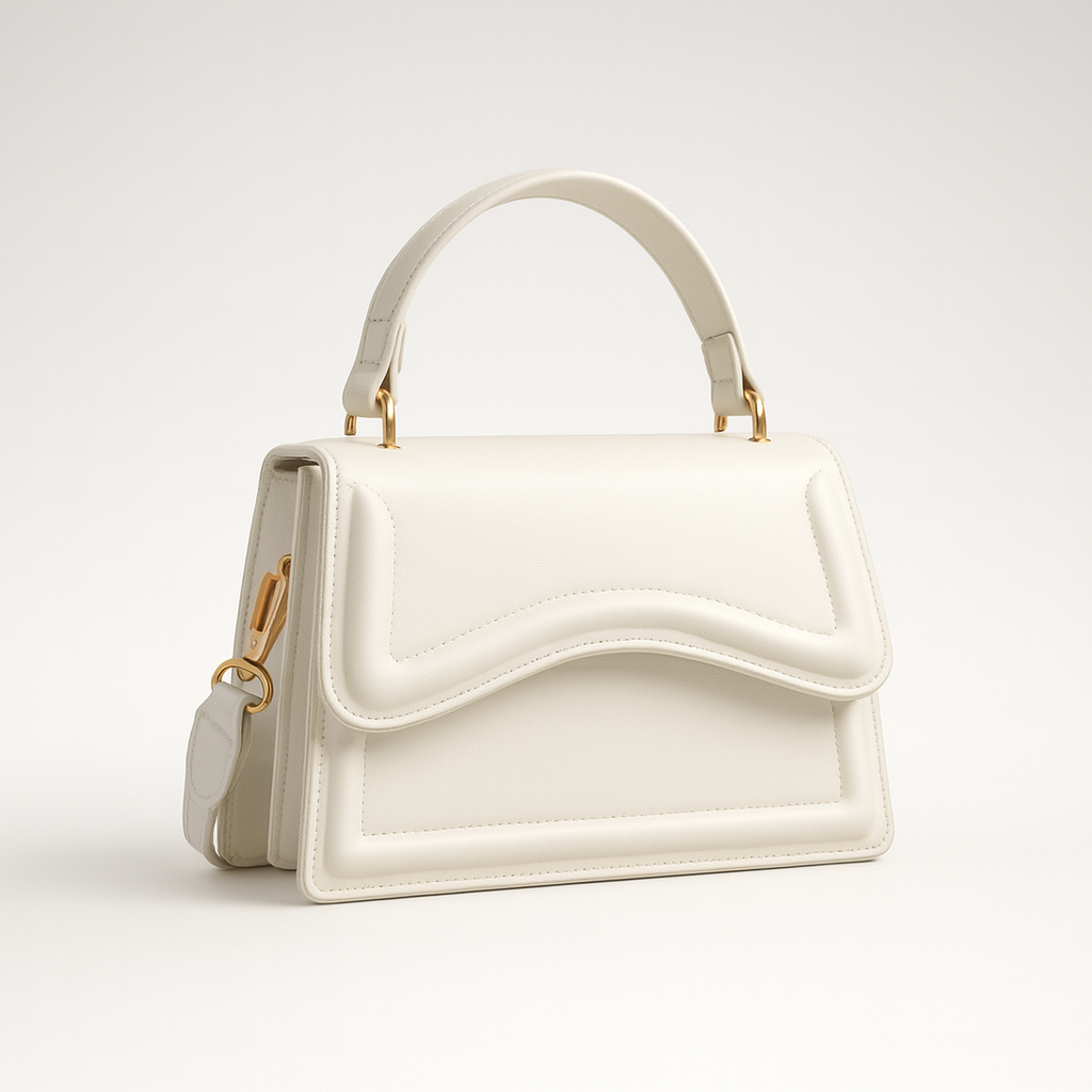 Elegant handbag with smooth leather body, wave-detail design, structured silhouette, and detachable strap for versatile styling