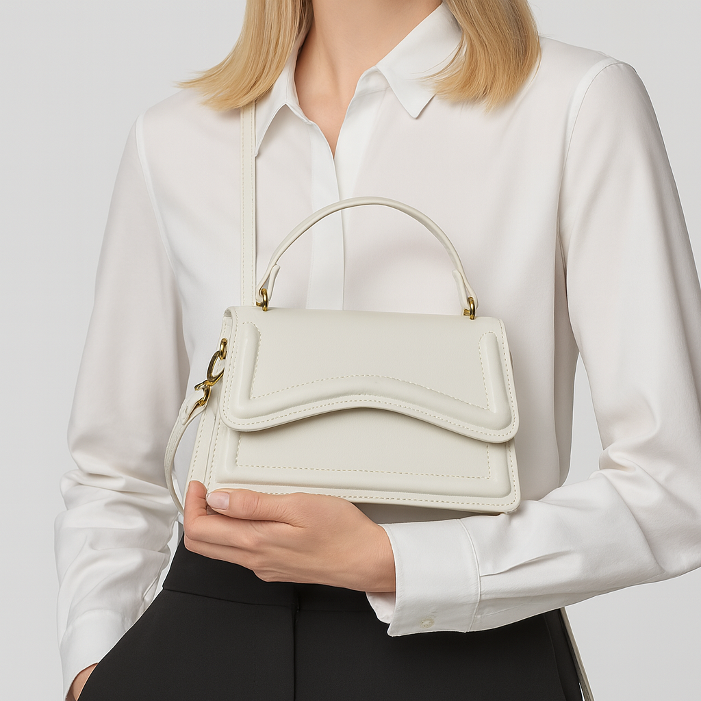 Elegant handbag with smooth leather body, wave-detail design, structured silhouette, and detachable strap for versatile styling