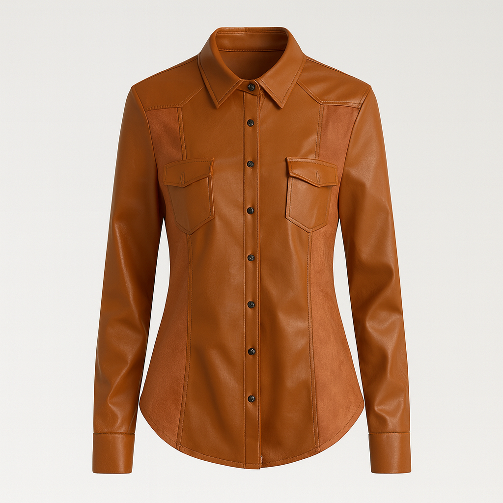 Caramel faux leather button-down shirt with chest flap pockets and panel detailing, styled with black trousers.