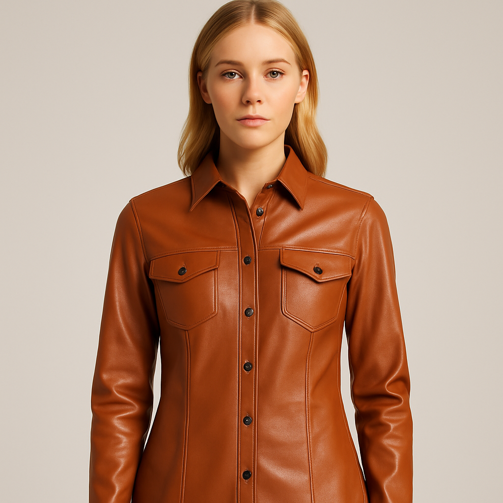 Caramel faux leather button-down shirt with chest flap pockets and panel detailing, styled with black trousers.