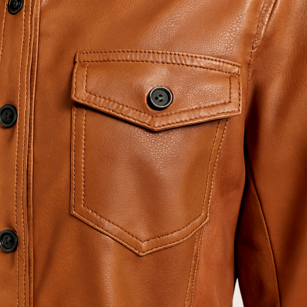 Caramel faux leather button-down shirt with chest flap pockets and panel detailing, styled with black trousers.