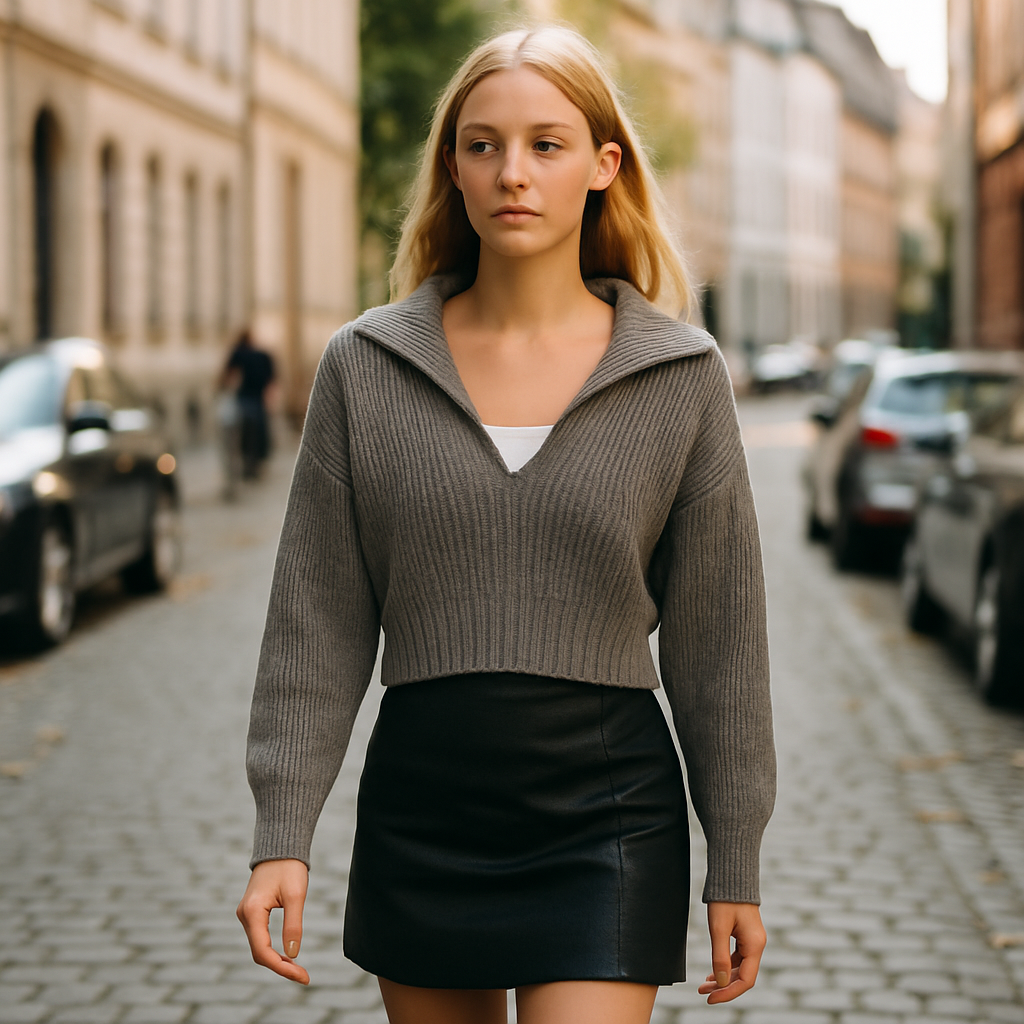Grey ribbed knit cropped sweater with V-neck and collar detail.