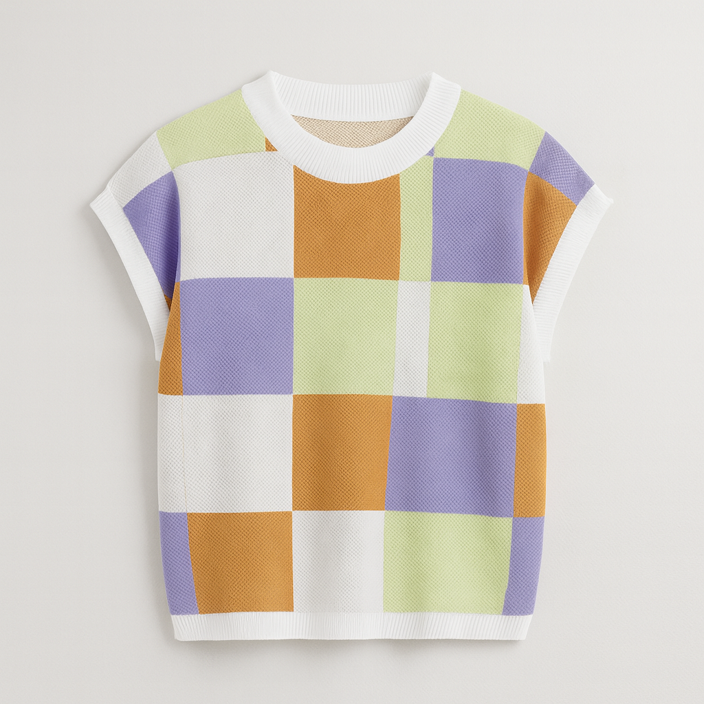 Multicolor checkered knit top with orange, purple, green, and white squares.