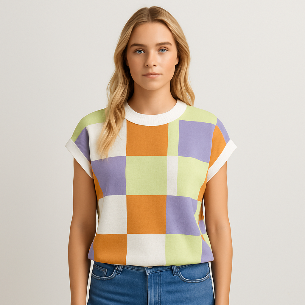 Multicolor checkered knit top with orange, purple, green, and white squares.