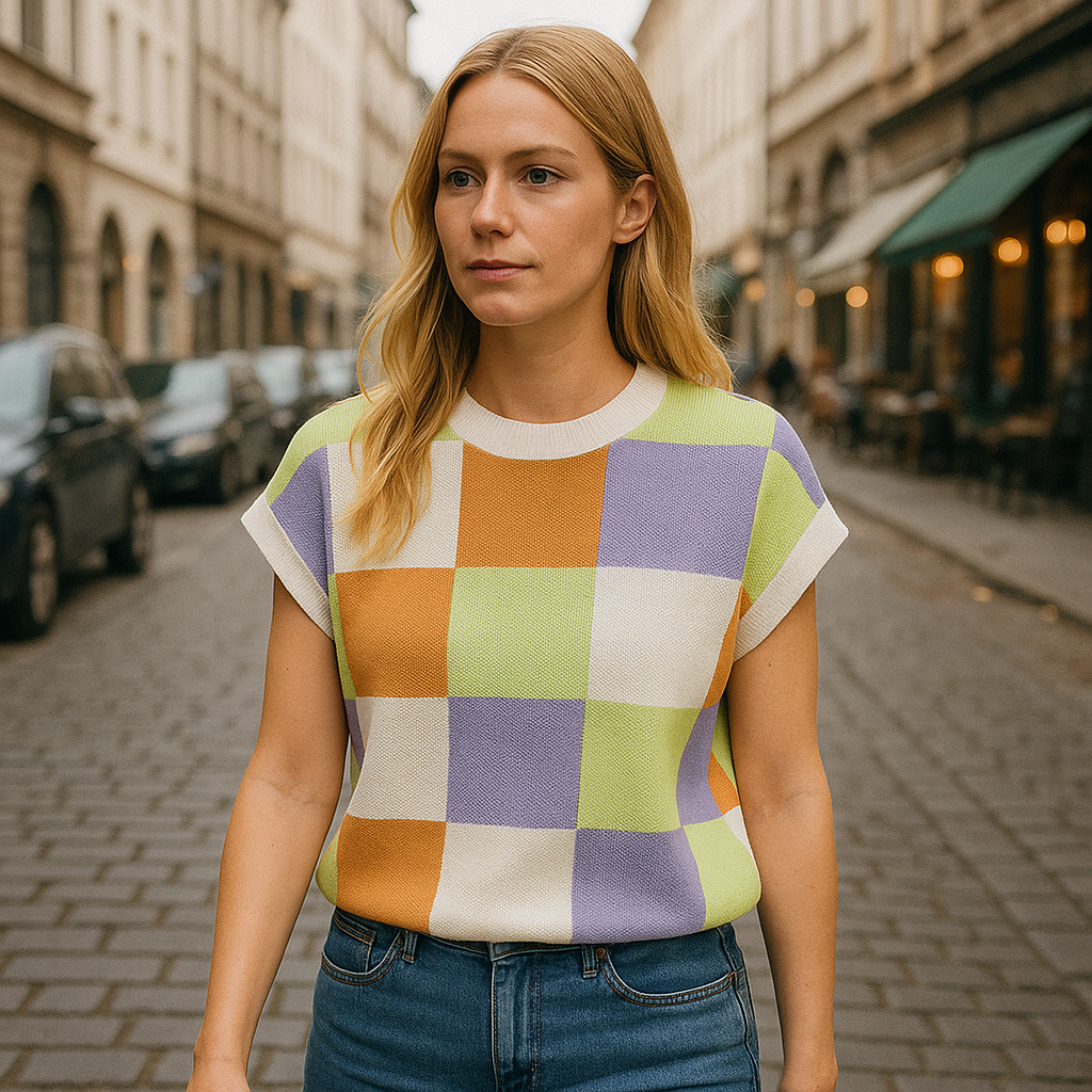 Multicolor checkered knit top with orange, purple, green, and white squares.