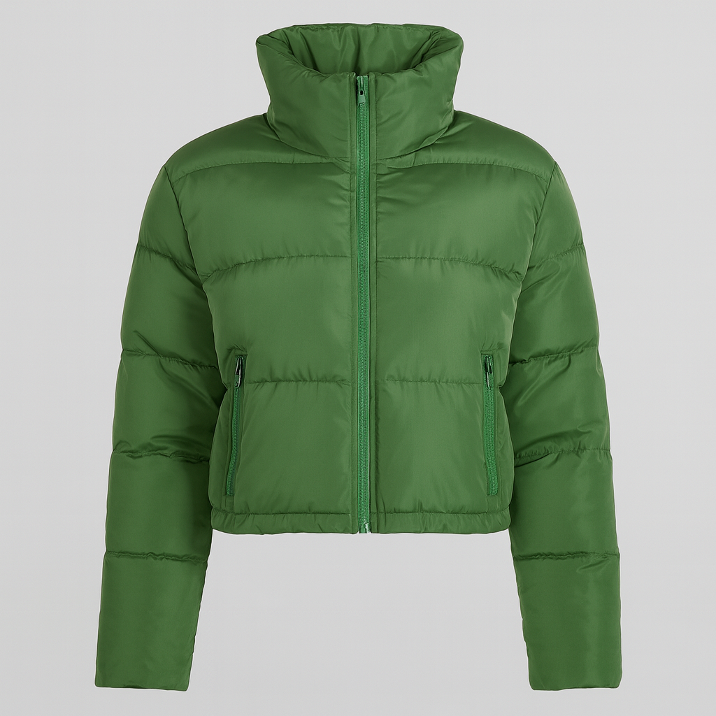 Green cropped puffer jacket with high collar, front zipper closure, and zippered pockets.
