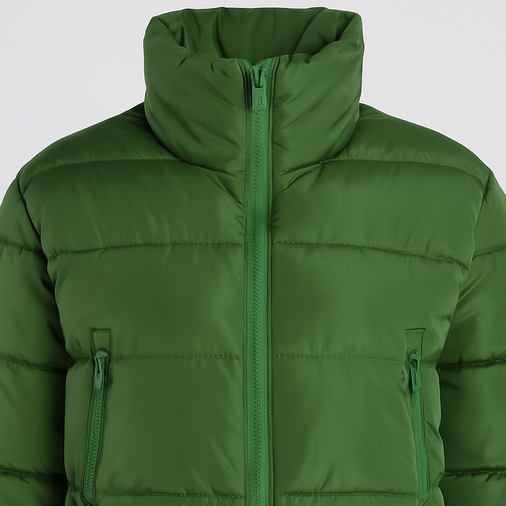 Green cropped puffer jacket with high collar, front zipper closure, and zippered pockets.