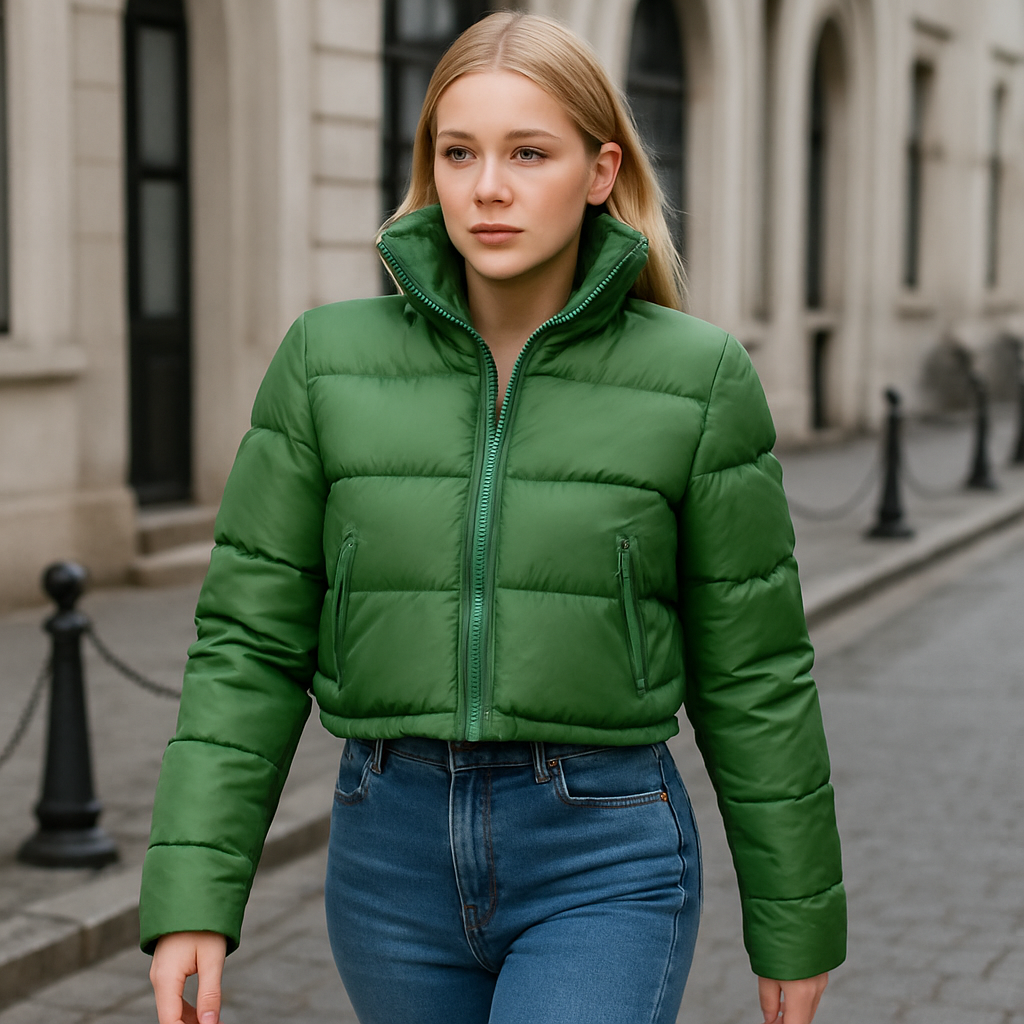 Green cropped puffer jacket with high collar, front zipper closure, and zippered pockets.