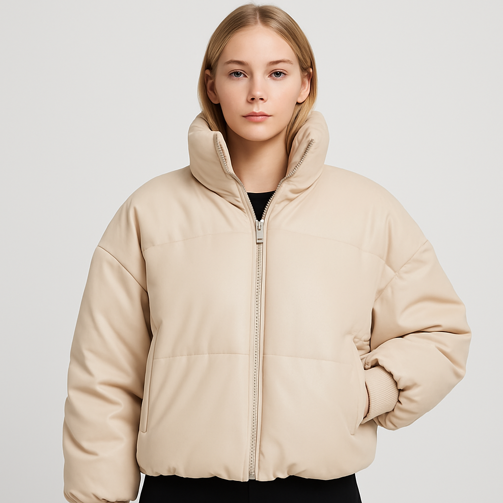 Cream oversized puffer jacket with high collar, long sleeves, and zip closure styled for cold weather wear.