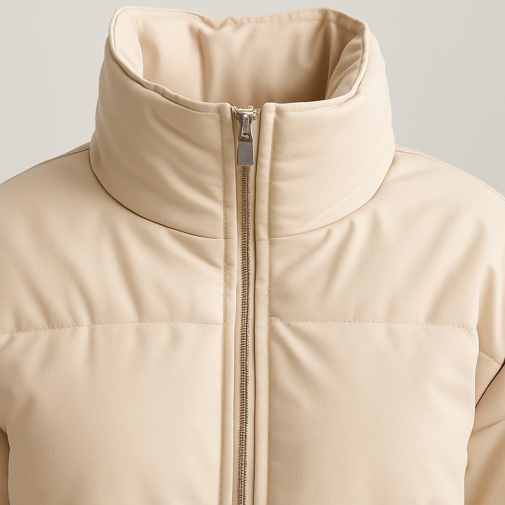 Cream oversized puffer jacket with high collar, long sleeves, and zip closure styled for cold weather wear.