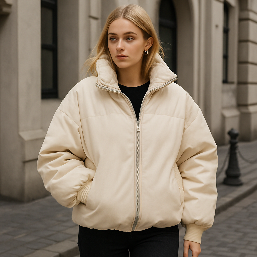 Cream oversized puffer jacket with high collar, long sleeves, and zip closure styled for cold weather wear.