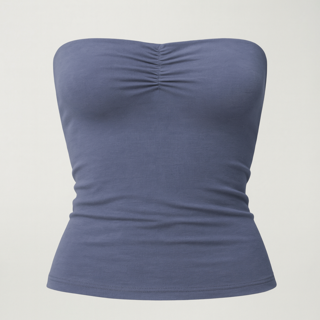 Strapless ruched tube top in slate blue with a slim fit design.
