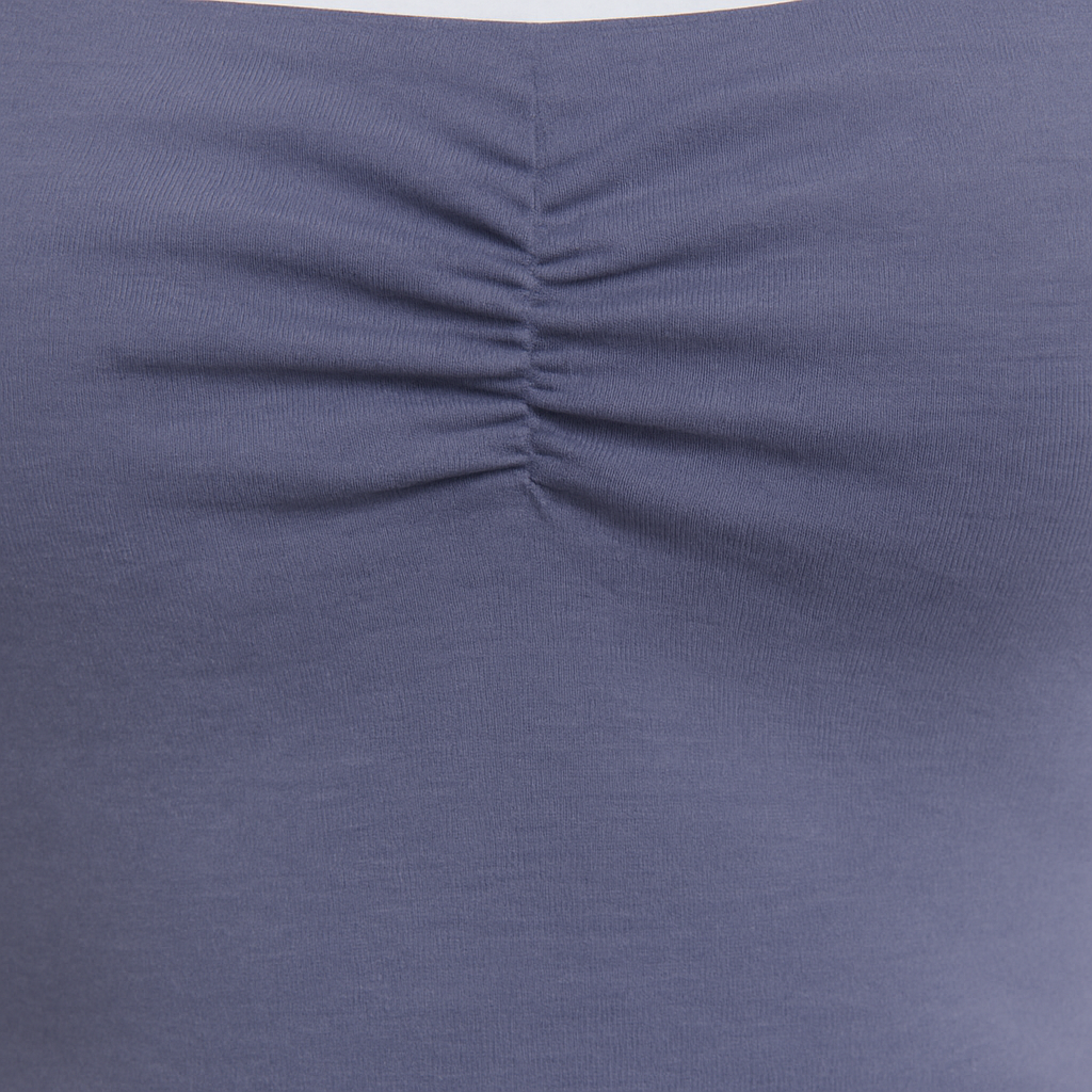 Strapless ruched tube top in slate blue with a slim fit design.