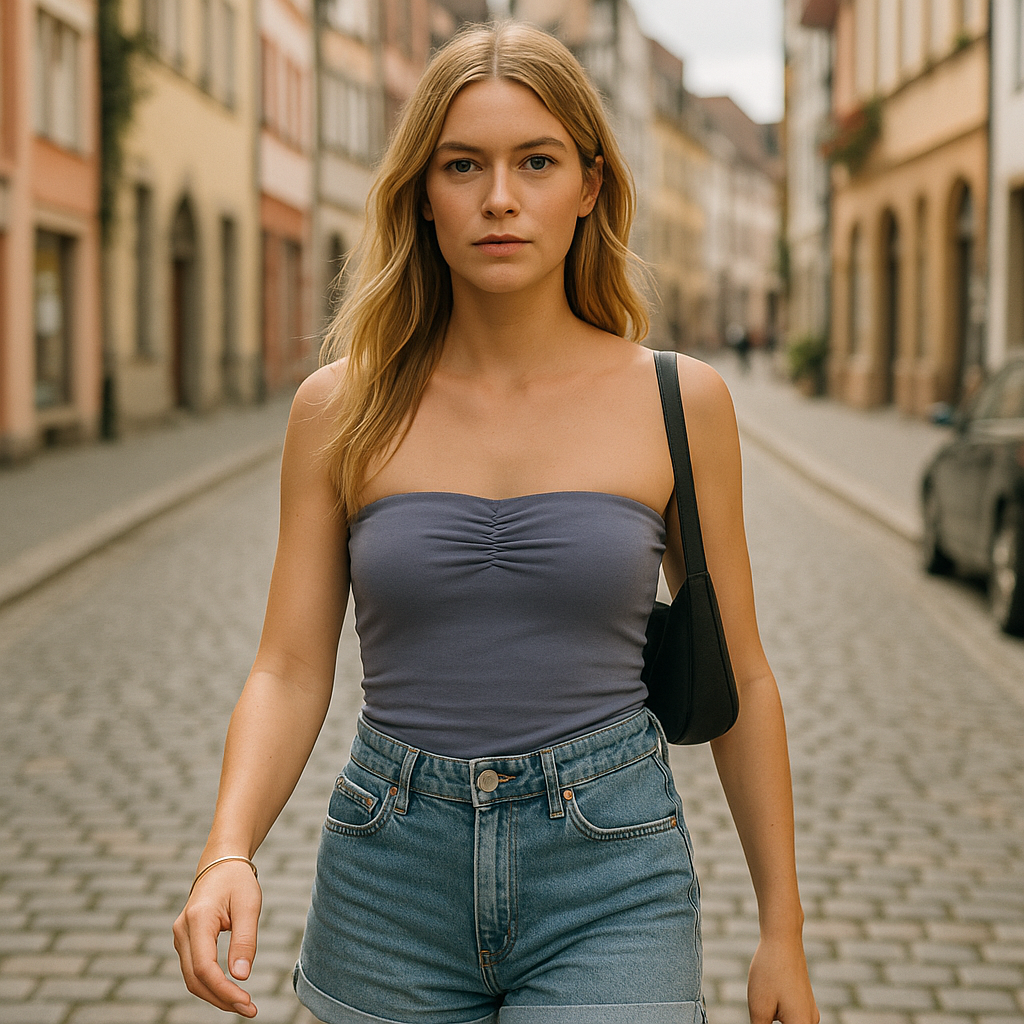 Strapless ruched tube top in slate blue with a slim fit design.